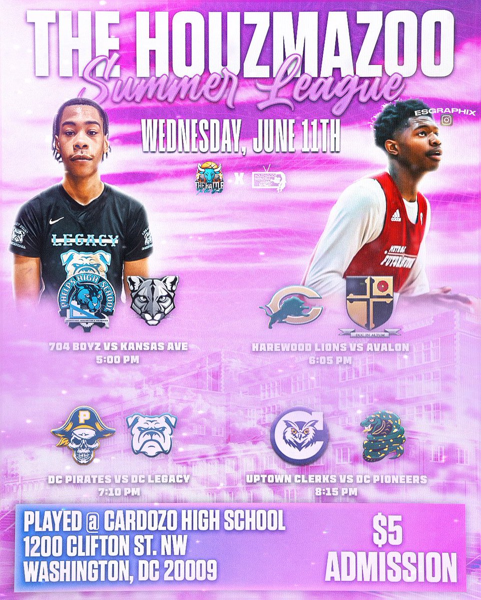 🏀The Houzmazoo Summer League 🏀

✨WEEK 2✨

Join us this afternooon!
 
📍Cardozo HS (DC)

🎟️ $5 Admission

Matchups:
5:00 PM – 704 Boyz vs Kansas Ave
6:05 PM – Harewood Lions vs Avalon
7:10 PM – DC Pirates vs DC Legacy
8:15 PM – DC Pioneers vs Uptown Clerks

<a href="/Houzmazoo/">HouzmazooNetwork</a>