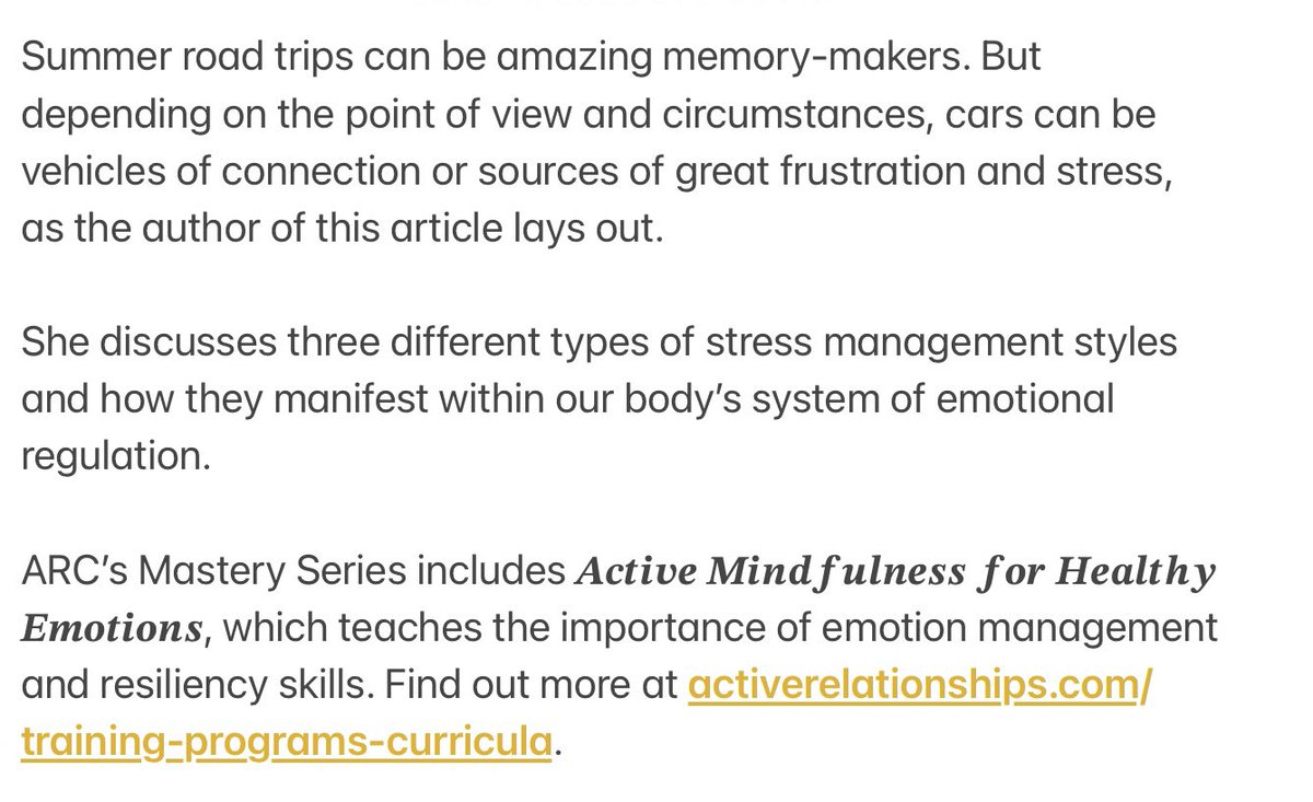 “Driving With Your Partner — A Chance for Stress Regulation” tinyurl.com/ARCarticle265

ARC’s Mastery Series includes Active Mindfulness for Healthy  Emotions, which teaches the importance of emotion management and resiliency skills. tinyurl.com/ActiveRelaProg…