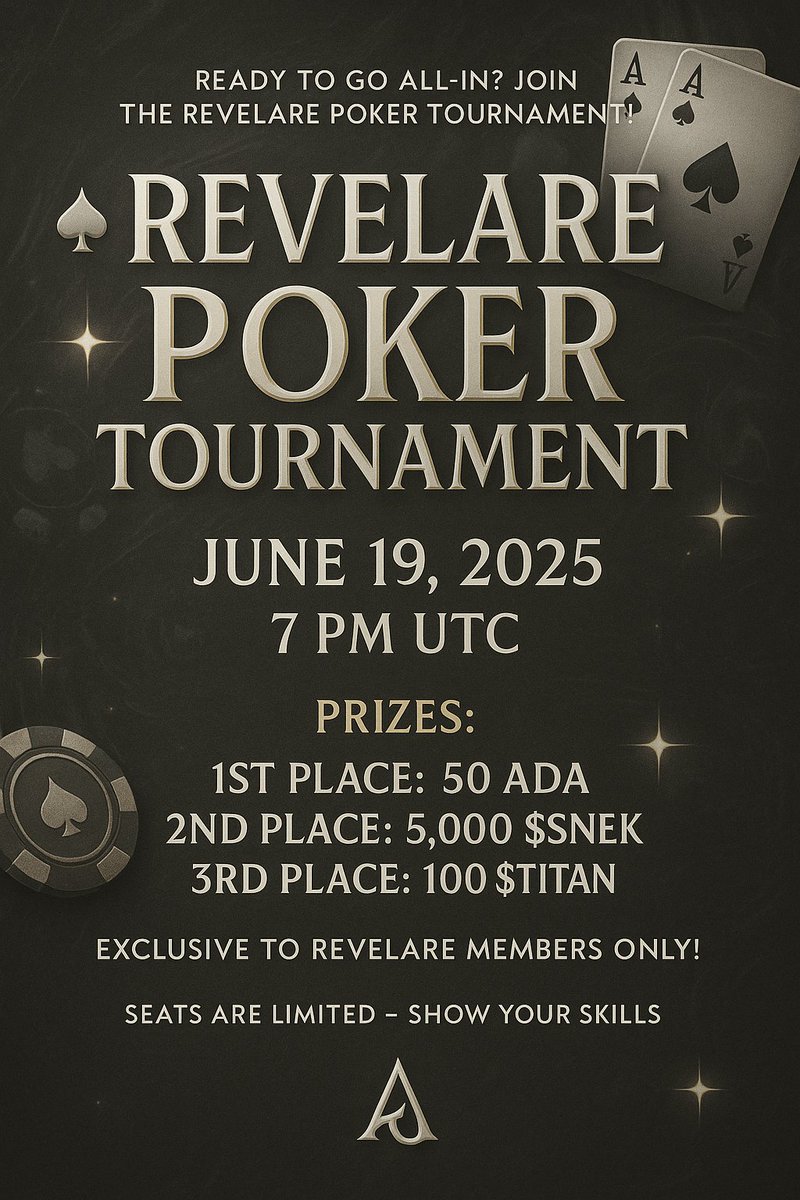 Come in and join our first Revelare Poker Tournament.  

✨Revelare members only  
✨Like, RT &amp; follow <a href="/Revelarenft/">Revelare</a>
✨Tag 1 friend

Let the games begin ♦️♣️♥️♠️
