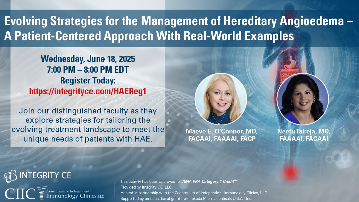 Integrity CE, LLC (@integrityce) on Twitter photo Join our expert faculty next week for an HAE webcast featuring a clinical case discussion!
π
 Wednesday, June 18, 2025
π 7:00 PM - 8:00 PM EDT
βοΈ Register now: bit.ly/3RW380o
#MedEd #FOAMed Join our expert faculty next week for an HAE webcast featuring a clinical case discussion!
π
 Wednesday, June 18, 2025
π 7:00 PM - 8:00 PM EDT
βοΈ Register now: bit.ly/3RW380o
#MedEd #FOAMed
