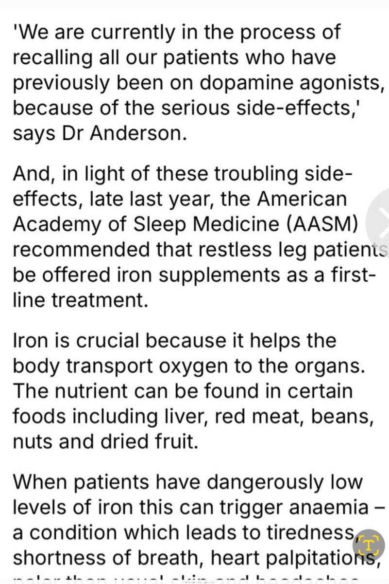 An encouraging article in the #DailyMail online ( behind a paywall). It confirms that iron therapy should be 1st line treatment &amp; Dr Kirstie Anderson of Newcastle Trust is recalling ALL patients on #DopamineAgonists. Fantastic news!