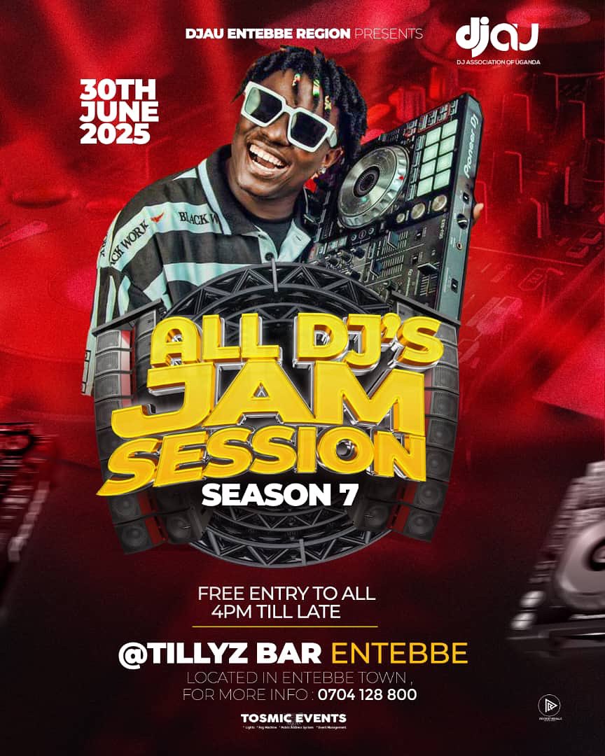 The All DJ’s Jam Session-Season 7 lands at Tillyz Bar this 30th June 2025.
.
Come catch the energy, the talent, and the unity of Uganda’s finest DJs.
🎟️ Free Entry | 4PM till Late
📍Entebbe Town | Info: 0704 128 800
#DJJamSession #DJAU #EntebbeTakeover #UnitedWeSpin