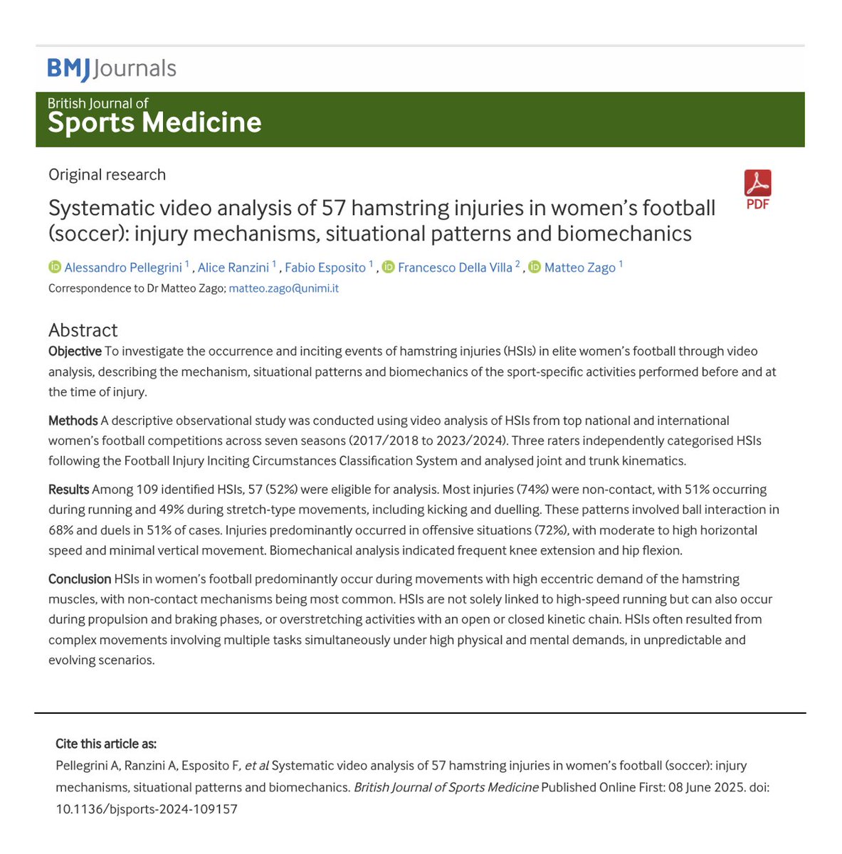 Specialized Training™️ (@tatopek1) on Twitter photo 🆕"HSIs in elite women’s⚽️ predominantly occurred during movements with high ECC demand of hamstring muscles, with non-contact mechanisms being most common"
➡️A Systematic video analysis of 57 HSI
👉A. Pellegrini <a href="/FDellaVilla/">Francesco Della Villa MD</a> <a href="/matteozago_/">Matteo Zago</a> et al, 2025 🇮🇹
📂 bjsm.bmj.com/content/early/… 🆕"HSIs in elite women’s⚽️ predominantly occurred during movements with high ECC demand of hamstring muscles, with non-contact mechanisms being most common"
➡️A Systematic video analysis of 57 HSI
👉A. Pellegrini <a href="/FDellaVilla/">Francesco Della Villa MD</a> <a href="/matteozago_/">Matteo Zago</a> et al, 2025 🇮🇹
📂 bjsm.bmj.com/content/early/…