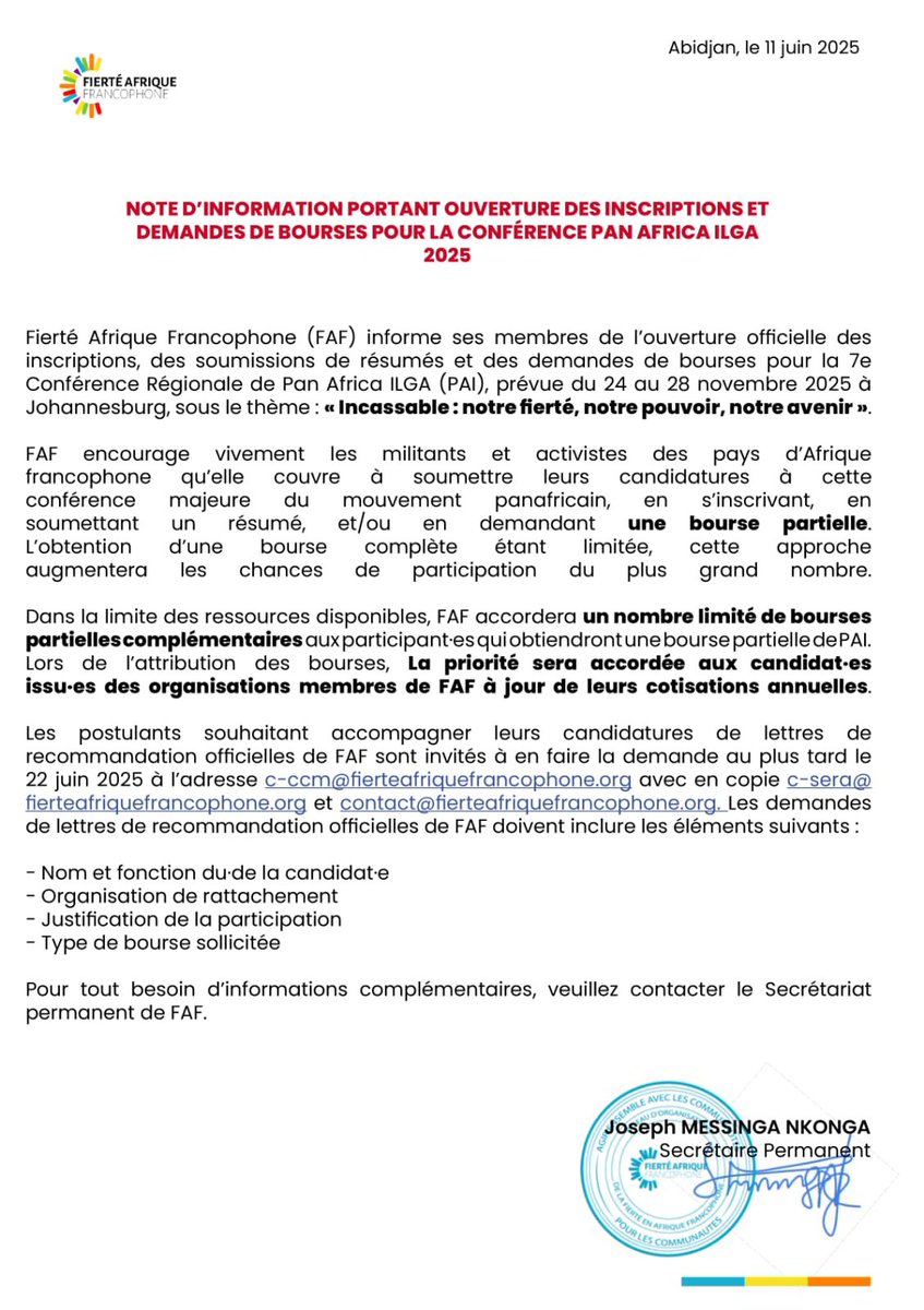 FierteAfrique's tweet photo. 📢Information note opening registration and scholarship applications for the @PanAfricaILGA 🌍 2025.
@FierteAfrique 
@fondemergence https://t.co/D7m3mxWPRL