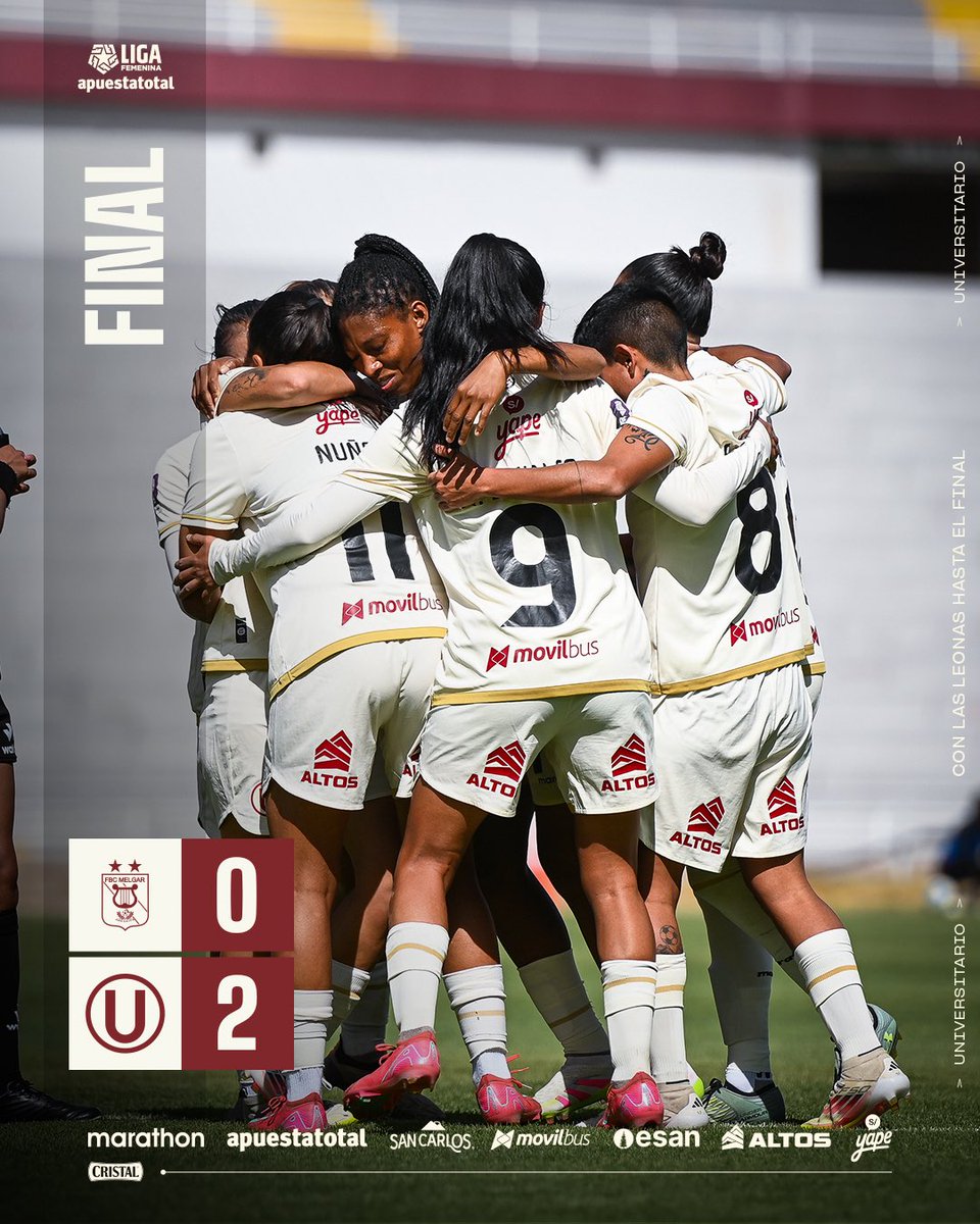 𝗚𝗔𝗡𝗔𝗠𝗢𝗢𝗢𝗢𝗢𝗢𝗦 💪

⏱️ | 𝗙𝗜𝗡𝗔𝗟 𝗗𝗘𝗟 𝗣𝗔𝗥𝗧𝗜𝗗𝗢

⚽️ FBC Melgar 0-2 Universitario

#ConLasLeonasHastaElFinal