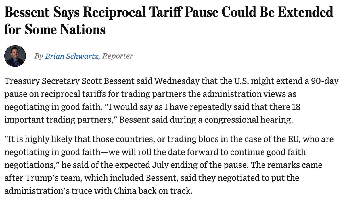 Gavin Bade (@gavinbade) on Twitter photo šØšØBessent says reciprocal tariff pause could be extended for some nations, <a href="/schwartzbWSJ/">Brian Schwartz</a> from his comments on the Hill
Hammers home the difficulty in negotiating over a dozen trade deals at the same time, as well as legal uncertainty over IEEPA tariffs. šØšØBessent says reciprocal tariff pause could be extended for some nations, <a href="/schwartzbWSJ/">Brian Schwartz</a> from his comments on the Hill
Hammers home the difficulty in negotiating over a dozen trade deals at the same time, as well as legal uncertainty over IEEPA tariffs.