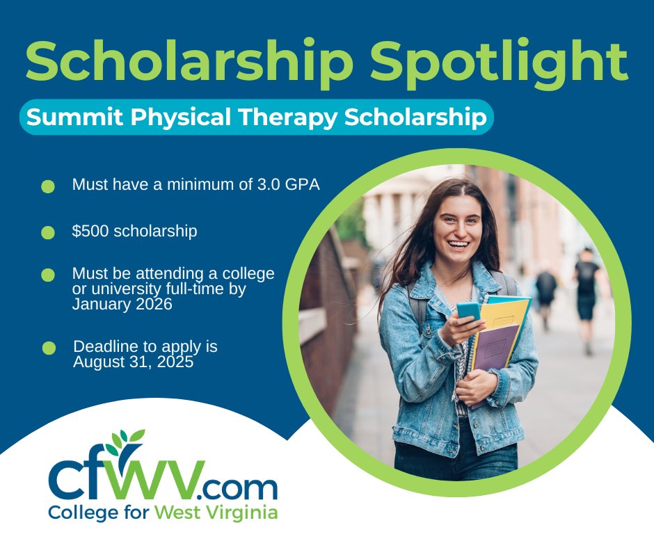 CFWV (@cfwv) on Twitter photo The Summit Physical Therapy Scholarship is for students attending a college or university on a full-time basis by January 2026. A $500 scholarship is available. Applicants must have a 3.0 GPA. The deadline to apply is August 31, 2025. To learn more, visit physicaltherapyfairbanks.com/physical_thera…. The Summit Physical Therapy Scholarship is for students attending a college or university on a full-time basis by January 2026. A $500 scholarship is available. Applicants must have a 3.0 GPA. The deadline to apply is August 31, 2025. To learn more, visit physicaltherapyfairbanks.com/physical_thera….