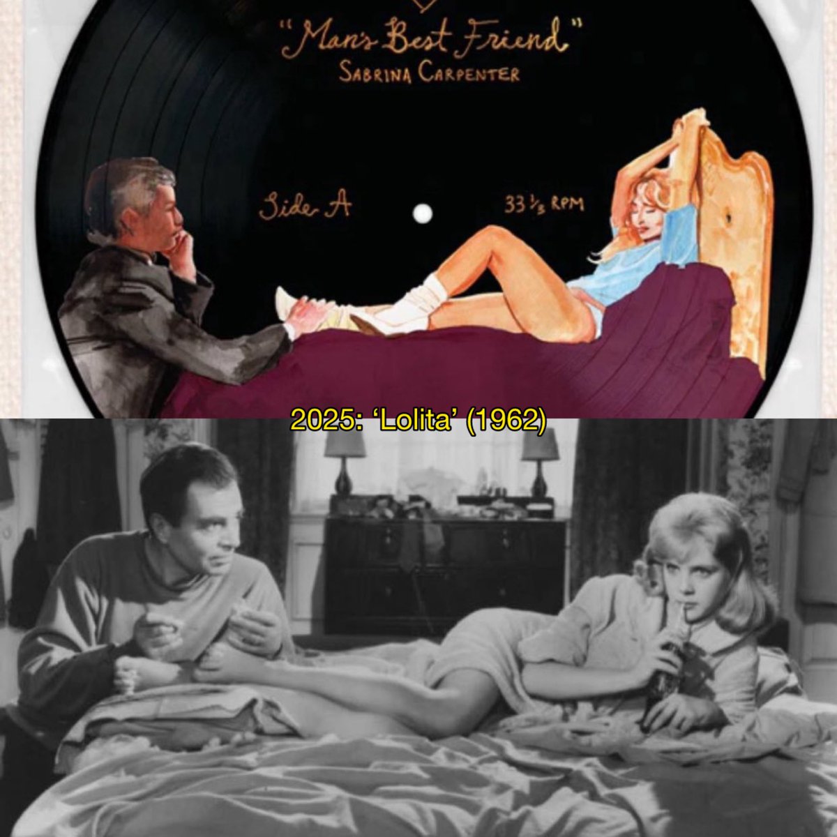 PopFactions's tweet image. Limited edition picture disc for Sabrina Carpenter’s new album, ‘Man’s Best Friend.’
She’s receiving backlash for the repeated use of the ‘Lolita’ aesthetics for her album imagery.