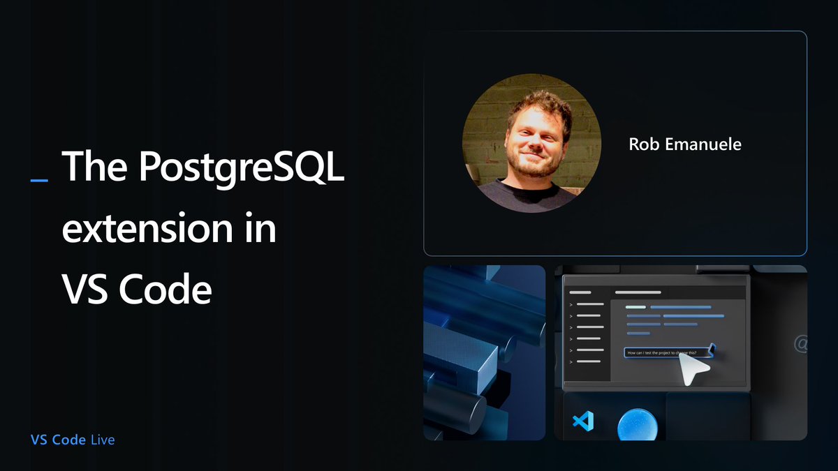 Visual Studio Code (@code) on Twitter photo <a href="/dsp_/">David Soria Parra</a> <a href="/digitarald/">Harald @ AIE</a> <a href="/TylerLeonhardt/">Tyler Leonhardt</a> <a href="/ConnorPeet/">Connor Peet</a> <a href="/figma/">Figma</a> <a href="/JavaSquip/">Sean Roberts</a> <a href="/Netlify/">Netlify</a> <a href="/debs_obrien/">Debbie O'Brien</a> <a href="/playwrightweb/">Playwright</a> <a href="/github/">GitHub</a> Extending agent mode isn't just about MCP, it's about extensions too! <a href="/lossyrob/">Rob Emanuele</a> will demo the new PostgreSQL extension and its agent mode capabilities in VS Code.
youtube.com/live/T44T55wvD⦠<a href="/dsp_/">David Soria Parra</a> <a href="/digitarald/">Harald @ AIE</a> <a href="/TylerLeonhardt/">Tyler Leonhardt</a> <a href="/ConnorPeet/">Connor Peet</a> <a href="/figma/">Figma</a> <a href="/JavaSquip/">Sean Roberts</a> <a href="/Netlify/">Netlify</a> <a href="/debs_obrien/">Debbie O'Brien</a> <a href="/playwrightweb/">Playwright</a> <a href="/github/">GitHub</a> Extending agent mode isn't just about MCP, it's about extensions too! <a href="/lossyrob/">Rob Emanuele</a> will demo the new PostgreSQL extension and its agent mode capabilities in VS Code.
youtube.com/live/T44T55wvDβ¦