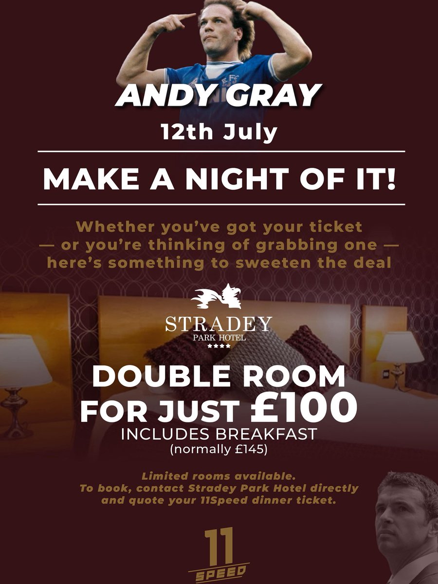Huge thanks to <a href="/StradeyHotel/">Stradey Park Hotel</a> for backing our Andy Gray Dinner on 12th July! 🙌

They’re offering rooms for just £100 incl. breakfast (normally £145) for ticket holders 🎟️

Dinner: only £50 – legends, live music &amp; more.

Book direct &amp; quote your 11Speed ticket! 🛏️

#11Speed 
P
