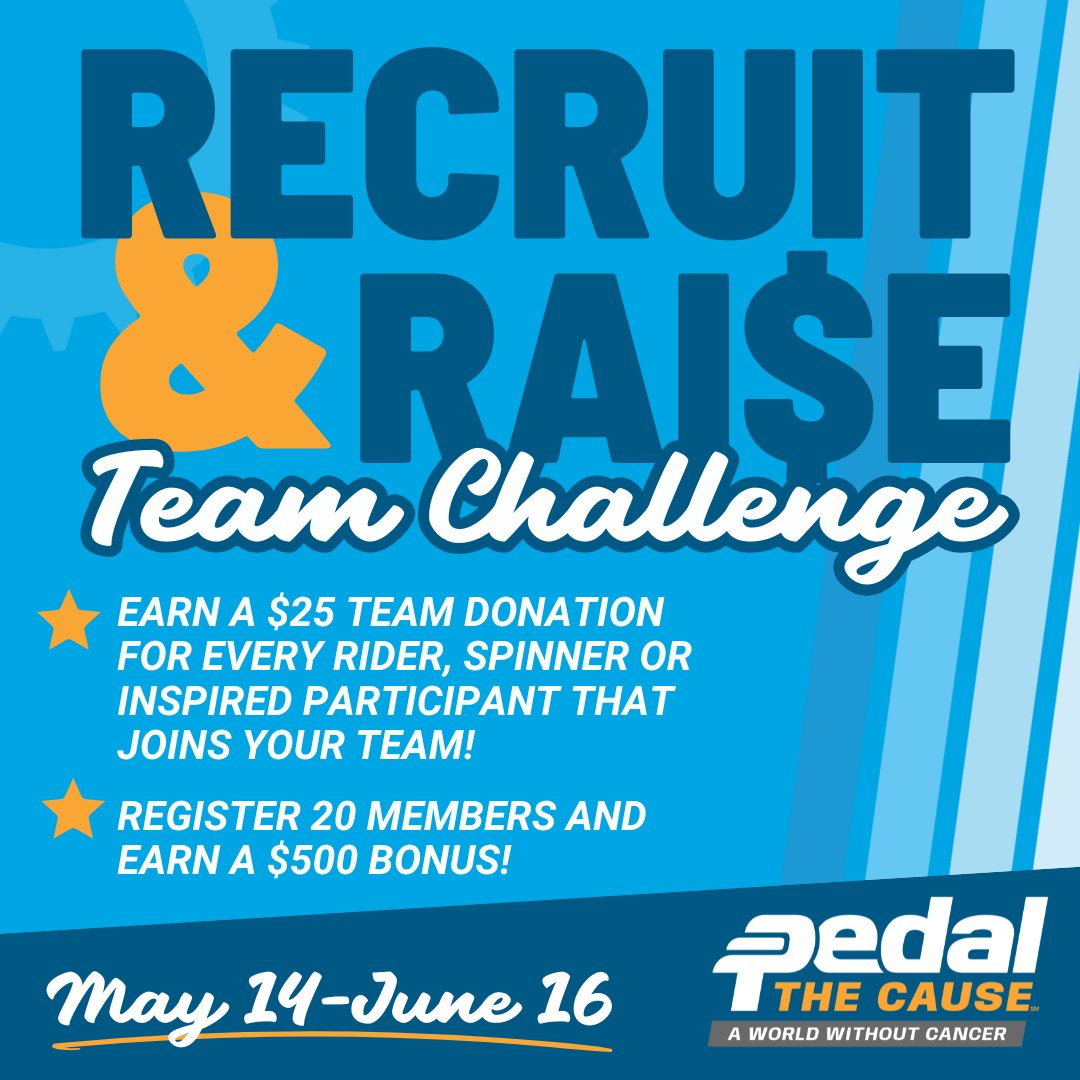 🚨ONLY 5 DAYS LEFT to Recruit &amp; Raise! Only until Mon, 6/16, get a $25 team donation for every rider, spinner, or virtual participant that registers. Hit 20 and earn a $500 team bonus! This is your chance to bank funds at the team level. Take advantage and let's SQUAD UP! 💪