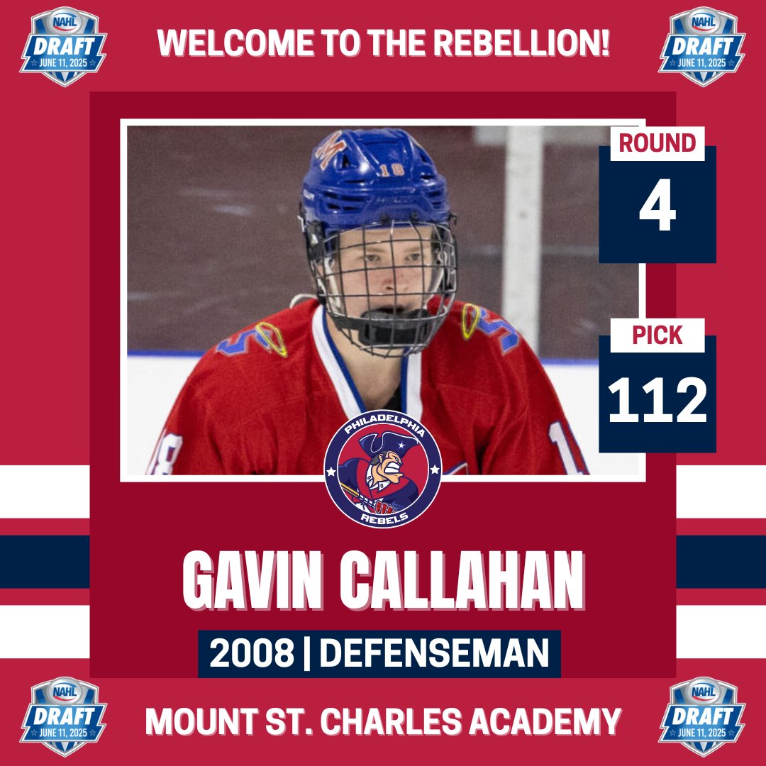 With the 112th overall pick of the 2025 NAHL Draft, the Rebels have selected 2008 defenseman Gavin Callahan from the Mount St. Charles Academy.
