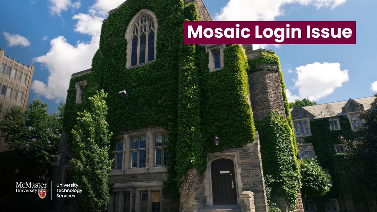 McMasterIT (@mcmasterit) on Twitter photo 🚨Attention <a href="/McMasterU/">McMaster University</a> community🚨
University Technology Services is aware of issues affecting login access to Mosaic. Our team is actively working to resolve it and restore full service as quickly as possible.
Up to date info can be found here: mcmu.ca/StatusDashboard 🚨Attention <a href="/McMasterU/">McMaster University</a> community🚨
University Technology Services is aware of issues affecting login access to Mosaic. Our team is actively working to resolve it and restore full service as quickly as possible.
Up to date info can be found here: mcmu.ca/StatusDashboard