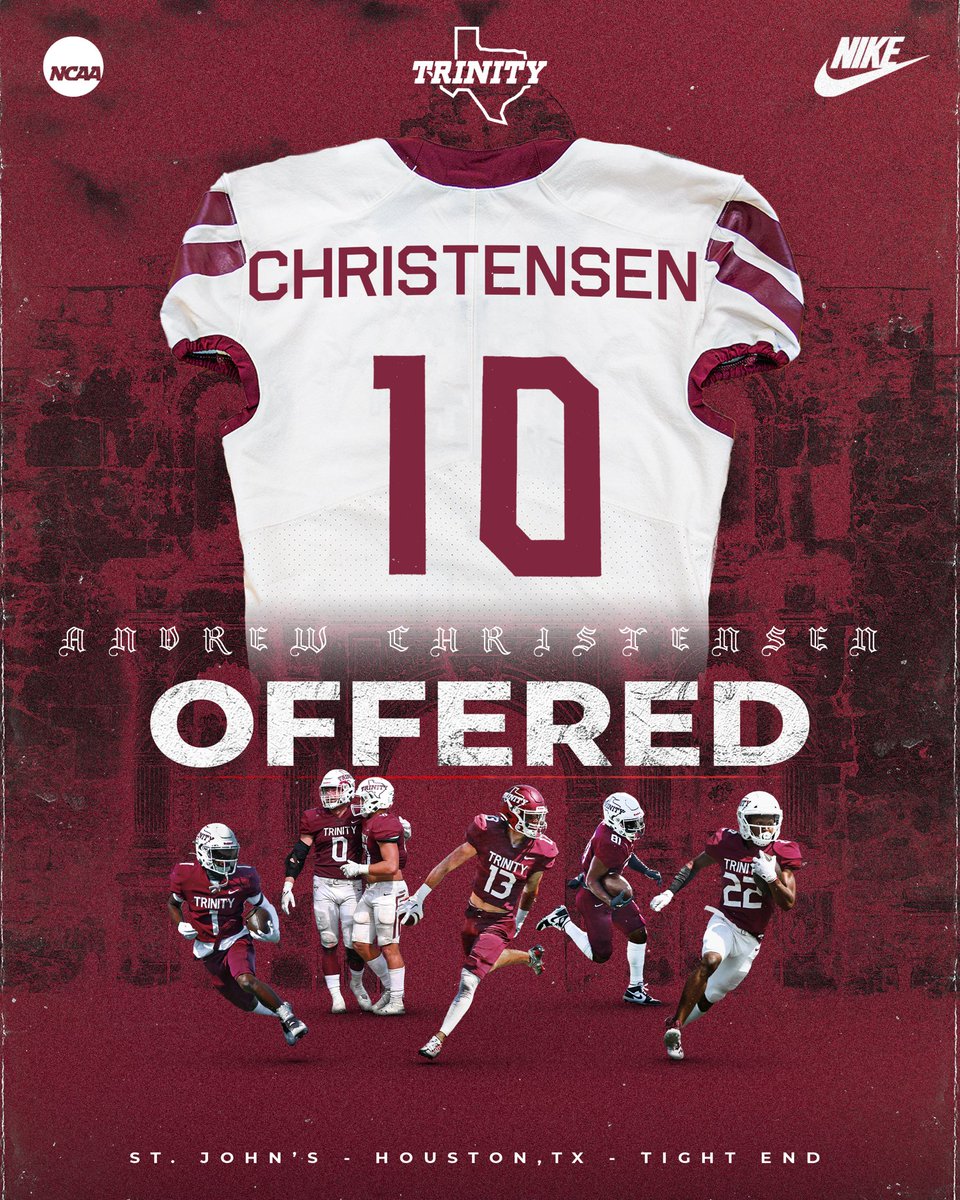 Andrew (@andrewc_2257) on Twitter photo After a great visit with <a href="/CoachLytal/">TUFB Coach_Lytal</a> and <a href="/CoachGezella/">Coach Gezella</a> and conversation with Coach <a href="/JerhemeUrban83/">Jerheme Urban</a>, Iβm blessed to announce that I have been offered to play football at Trinity University.
<a href="/Coach_Veltri/">Kevin Veltri</a>
<a href="/stjohnsmavs/">SJS Athletics</a>
<a href="/TXPrivateFBGuy/">Texas Private School Football</a> After a great visit with <a href="/CoachLytal/">TUFB Coach_Lytal</a> and <a href="/CoachGezella/">Coach Gezella</a> and conversation with Coach <a href="/JerhemeUrban83/">Jerheme Urban</a>, Iβm blessed to announce that I have been offered to play football at Trinity University.
<a href="/Coach_Veltri/">Kevin Veltri</a>
<a href="/stjohnsmavs/">SJS Athletics</a>
<a href="/TXPrivateFBGuy/">Texas Private School Football</a>