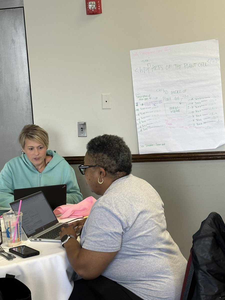 Teachers of multiple grades and content levels model how students could create web sites and pages to communicate learning as alt to a poster or presentation to small group. The posters are their sketches with html codes to make debugging more visible <a href="/theTSIN/">Tennessee STEM Innovation Network</a> #CSdrivesTN
