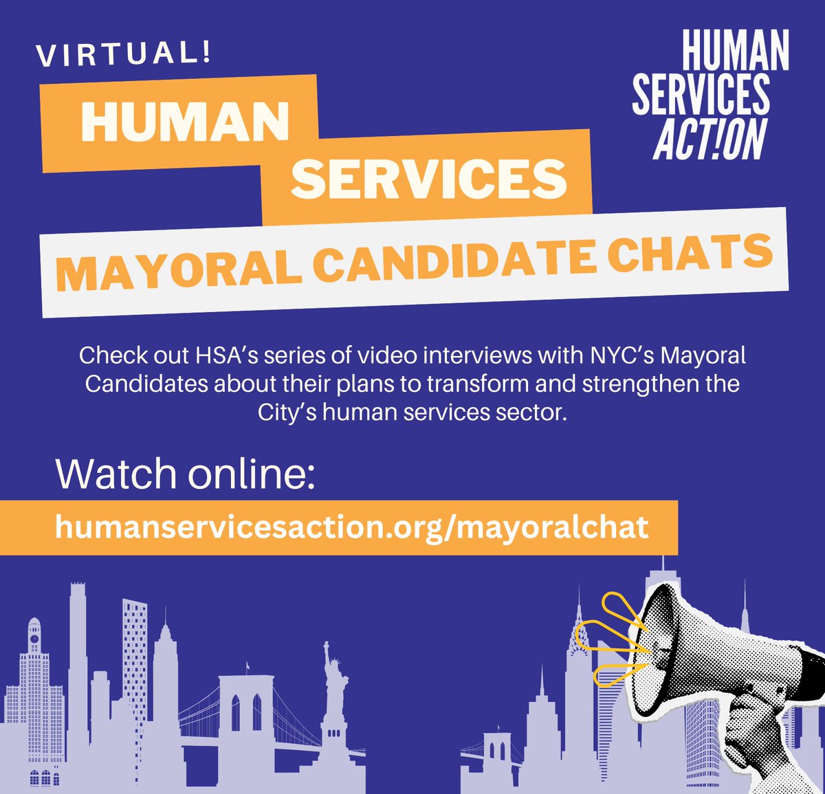 📣2025 NYC Human Services Mayoral Candidate Chats 📣

This year, your vote will help determine the future of NYC’s #nonprofit sector.

Watch videos of NYC Mayoral candidates talk w/ Human Services Action to hear how they plan to support the sector. humanservicesaction.org/mayoralchat