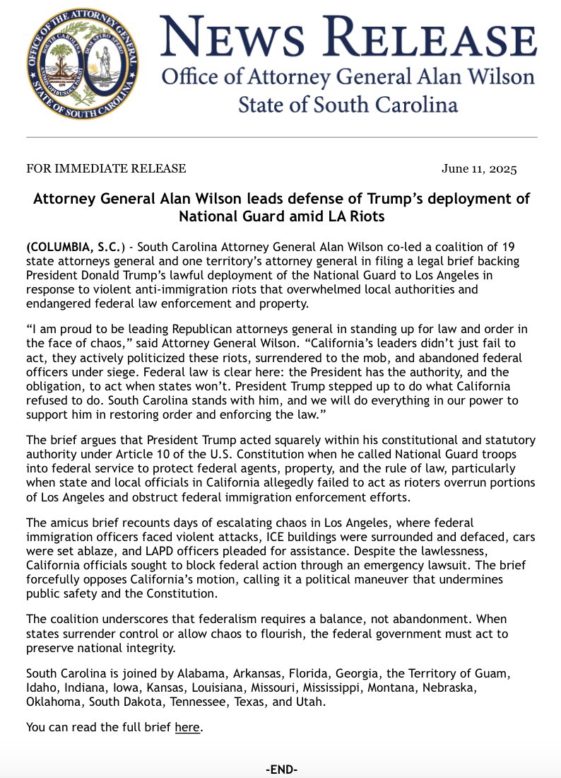 SCAttyGenOffice's tweet image. Attorney General Alan Wilson leads defense of Trump's deployment of National Guard amid LA Riots. Read the brief here: scag.gov/media/okyfgkpt…