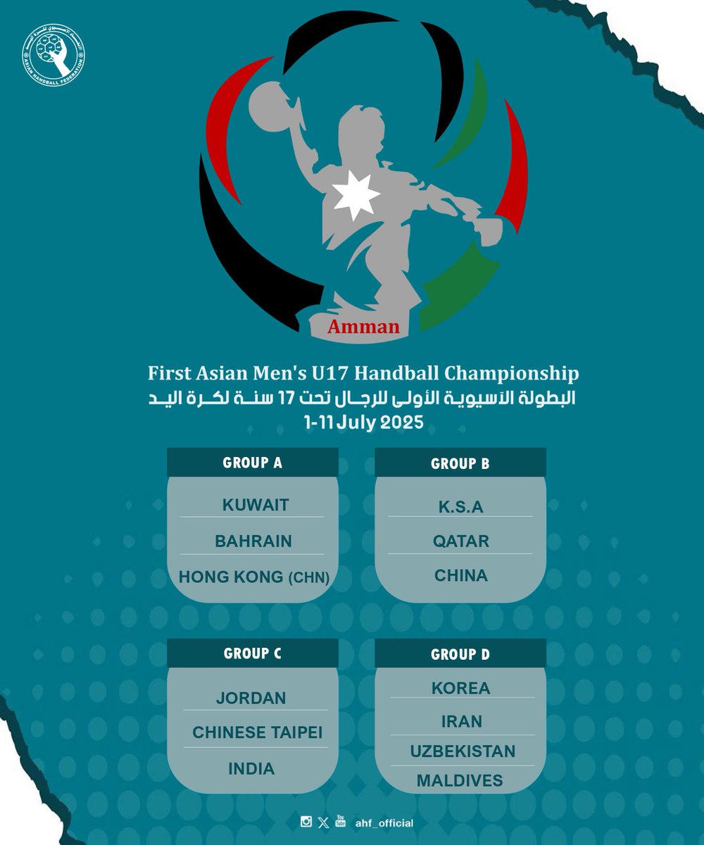⌛️…..🤾

1st Asian Men’s U -17 Championship 
During 01 - 11 July 2025, Amman, JORDAN