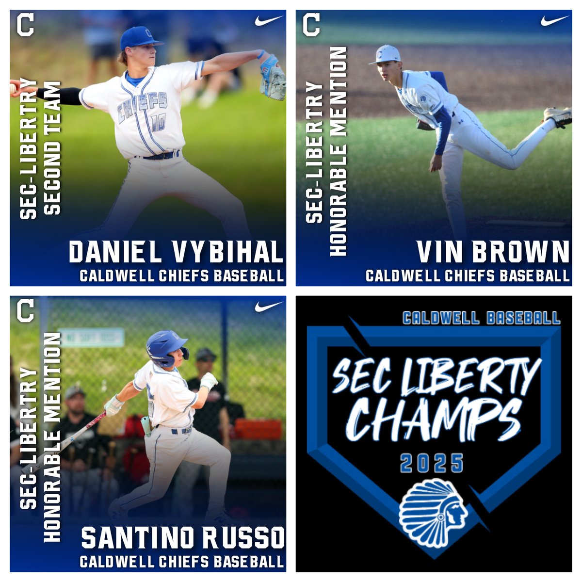 SEC All-Liberty Division teams have been announced for the 2025 Spring Season
1st Team:
Sr. Marco Sozio
Fr. Dante Placenti

2nd Team:
Sr. Nick Kyriacou
Jr. Frank Anemone
So. Dan Vybihal

Honorable Mention:
Jr. Vin Brown
So. Santino Russo

#CaldwellBaseball #NJBaseball
