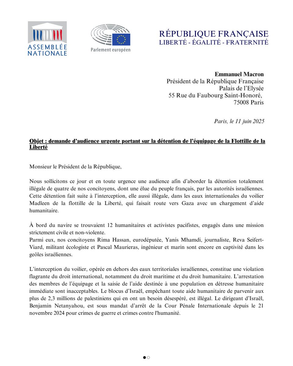 FranceInsoumise's tweet photo. La détention illégale de Rima Hassan, eurodéputée, de Yanis Mhamdi, journaliste, de Reva Seifert-Viard, militant écologiste et de Pascal Mauroieras, ingénieur marin dans les geôles israéliennes est intolérable.

Nous demandons de toute urgence une audience auprès du Président de la République.

Retrouvez le courrier de @mbompard, @MathildePanot et @ManonAubryFr