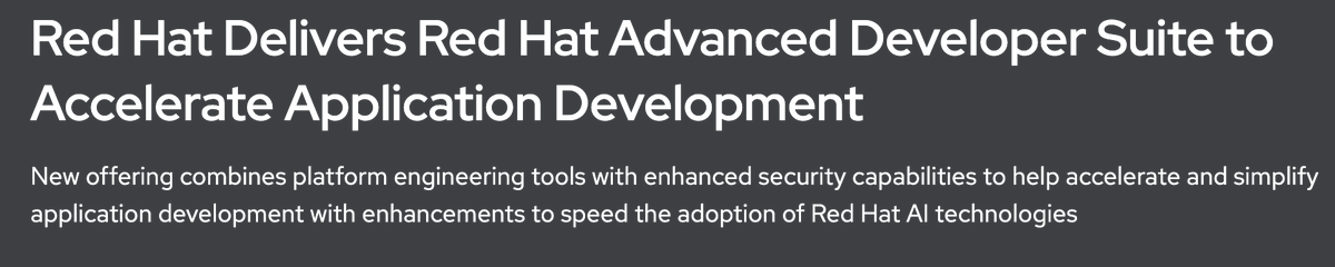 openshift's tweet photo. #WhatYouShouldKnow this Wednesday: Our new @RedHat #AdvancedDeveloperSuite combines #platformengineering tools with enhanced #security capabilities to help speed #AppDev and #RedHat #AI adoption. Get in the know today: https://t.co/i68LWlmknd. #RHSummit https://t.co/WC1Dju4TL3