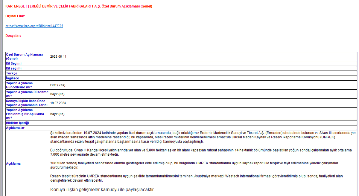 #EREGL Sivas’taki maden sahasında altın bulgusu konusunda olumlu göstergeler elde edildi.
-Konu yavaş yavaş gündeme geliyor.
Yatırımcısına hayırlı olsun.