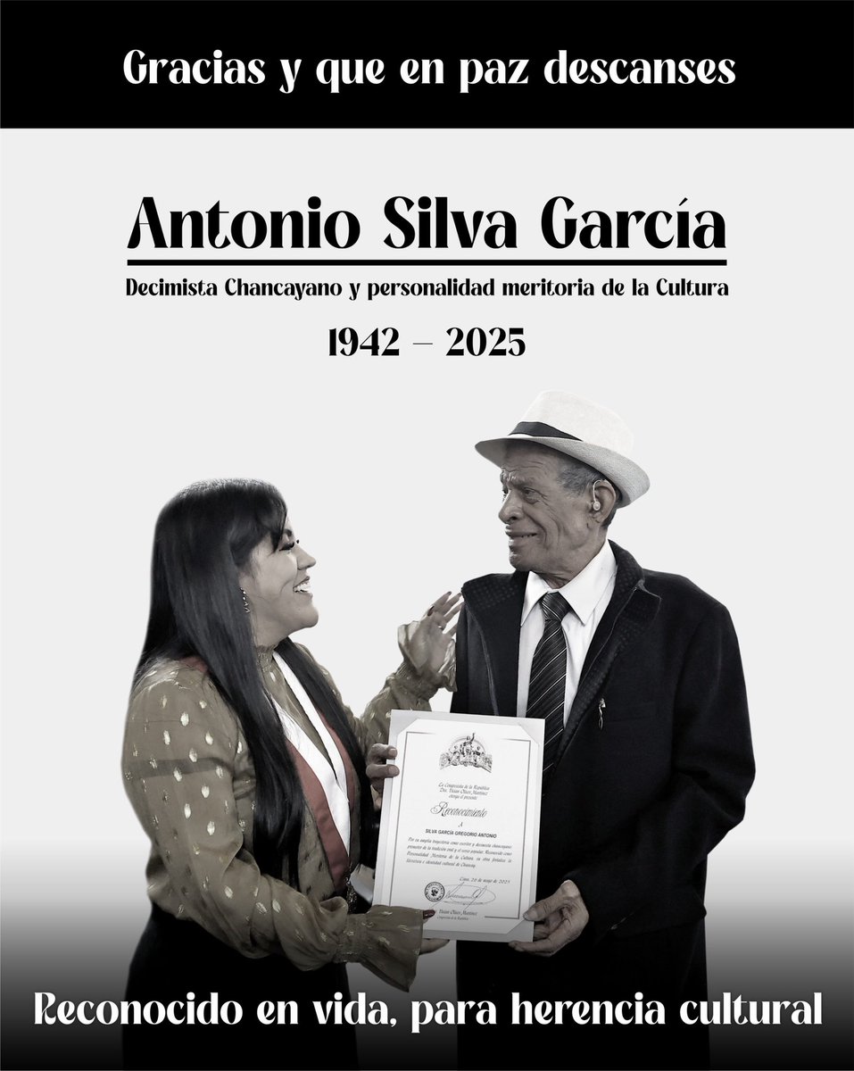 Vivian Olivos (@vivianolivos) on Twitter photo Expreso mis sentidas condolencias por el fallecimiento de mi conciudadano, el maestro decimista chancayano Antonio Silva García. Su legado cultural y amor por nuestras tradiciones perdurarán en la memoria de Chancay y el Perú.
🤍
#Chancay #Poeta #AntonioSilvaGarcia
<a href="/MinCulturaPe/">Ministerio de Cultura</a> Expreso mis sentidas condolencias por el fallecimiento de mi conciudadano, el maestro decimista chancayano Antonio Silva García. Su legado cultural y amor por nuestras tradiciones perdurarán en la memoria de Chancay y el Perú.
🤍
#Chancay #Poeta #AntonioSilvaGarcia
<a href="/MinCulturaPe/">Ministerio de Cultura</a>
