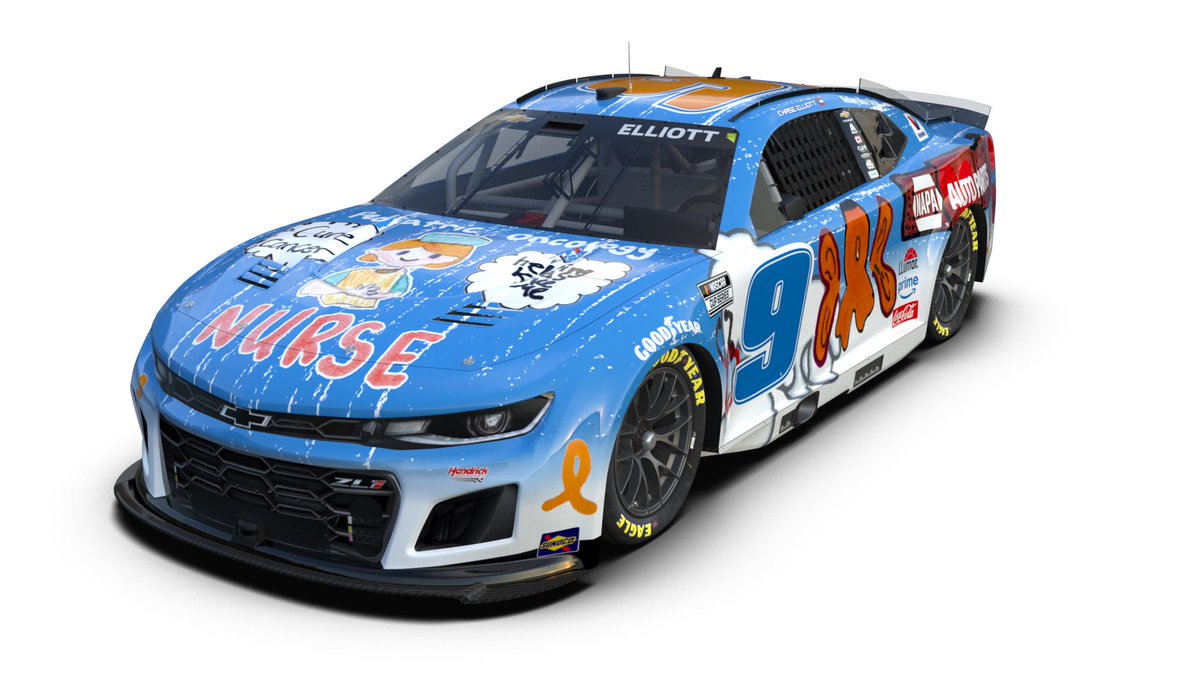 jeff_gluck's tweet photo. The annual @chaseelliott “Desi9n to Drive”paint scheme has been unveiled; designed by an 11-year-old cancer patient this year. Chase runs these at Atlanta each year and his foundation has donated nearly $500k to a children’s hospital from the sweepstakes linked to this program. https://t.co/PMZGU2jGwB