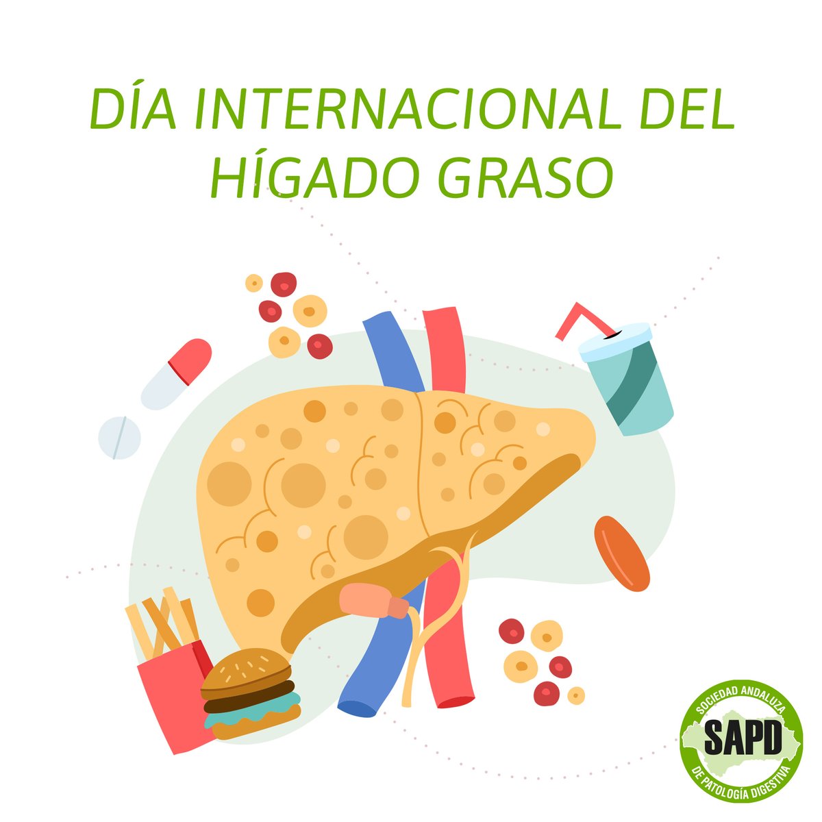 SAPD (@sapdes) on Twitter photo 📅Hoy 12 de junio conmemoramos el #DíaInternacionaldelHígadoGraso 
👉 La prevención empieza con el control de los factores de riesgo.
🍎🥦Mantén una dieta balanceada
⬇️🍬reduce azúcares y grasas trans
🏃♀️🏃♂️haz ejercicio regular
⚖️controla tu peso 📅Hoy 12 de junio conmemoramos el #DíaInternacionaldelHígadoGraso 
👉 La prevención empieza con el control de los factores de riesgo.
🍎🥦Mantén una dieta balanceada
⬇️🍬reduce azúcares y grasas trans
🏃♀️🏃♂️haz ejercicio regular
⚖️controla tu peso