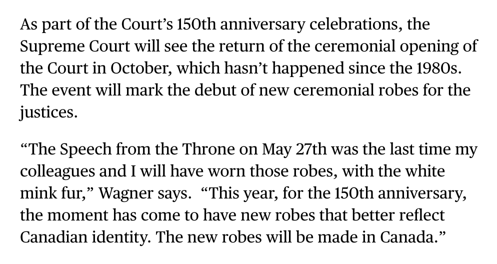 SunKerry's tweet photo. Amid the controversy over Wagner CJ's putative ignorance of who donated the bust of him in the Supreme Court of Canada building, it's worth noting another one of his aesthetic announcements:

In a Year Zero move, the SCC will soon be replacing its "Santa Claus" ceremonial robes. https://t.co/bxvob3e6lz