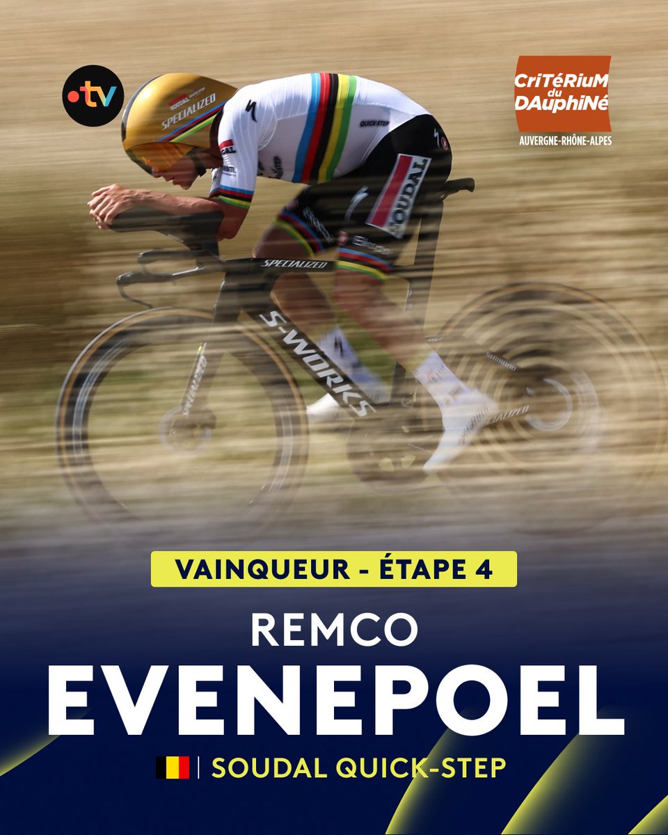 🚴 #Dauphiné | 🇧🇪Remco Evenepoel impose sa loi sur le contre-la-montre de la quatrième étape !

😮 Le Belge réalise une énorme performance en reléguant Jonas Vingegaard à 28” et Tadej Pogacar à 48” !

🇫🇷 Côté français, Rémi Cavagna prend la 7e place et Paul Seixas la 10e !