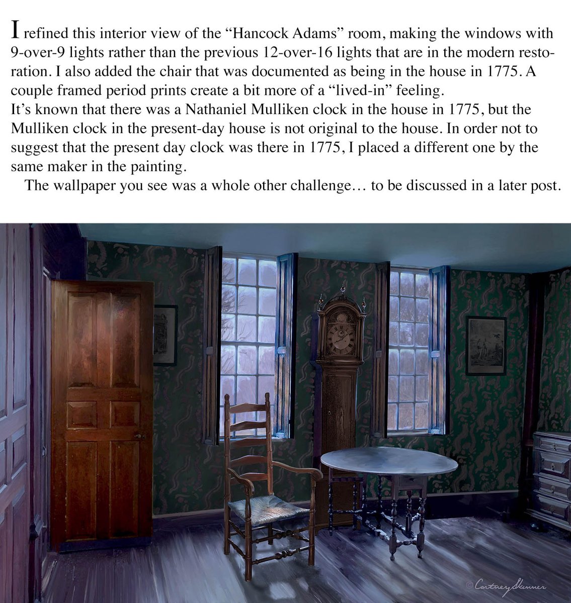 As the scene in the Hancock Adams room was developed, I brought in a few more bits of “set dressing” to the painting.