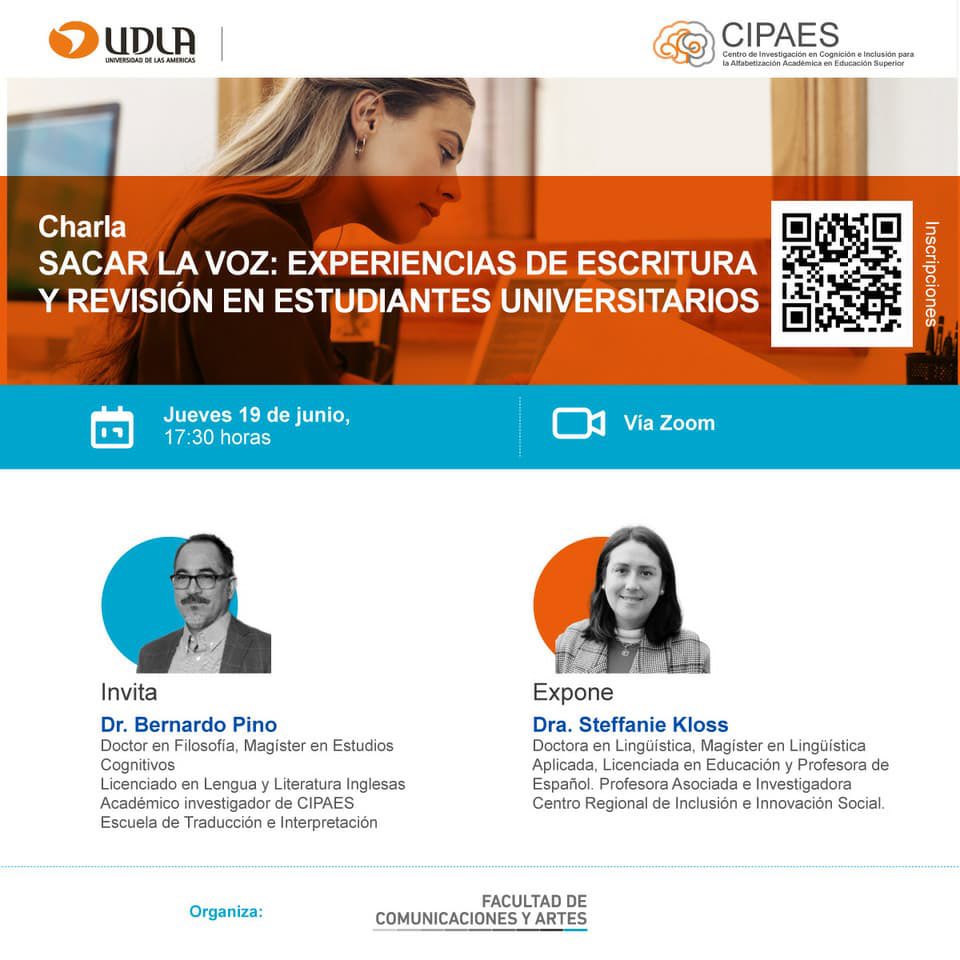 📚 Te invitamos a la charla: "Sacar la voz: experiencias de escritura y revisión en estudiantes universitarios".
🗓️ Jueves 19 de junio | 🕠 17:30 h 💻 Vía Zoom
Invita: Dr. Bernardo Pino
Expone: Dra. Steffanie Kloss
Inscripción👉🏽bit.ly/4l1a1tI
#ComunicadoresUDLA
