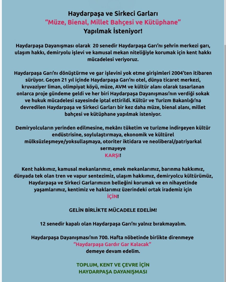 Garlarımızı sermayeye ve sermayenin taşeronluğunu üstlenenlere bırakmayacağımızı güçlü bir şekilde haykırmak için 700.Pazar eyleminde Haydarpaşa Gar'ında buluşuyoruz.
#haydarpaşagardırgarkalacak
🗓️15.06.2025 
⏰13:00 -14:00
📌Haydarpaşa Gar
