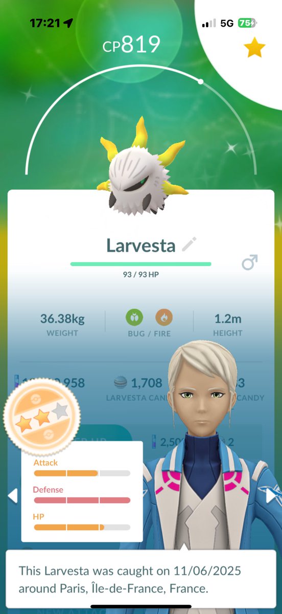 pkmnmastermiko's tweet photo. FINALLY hatched my first shiny Larvesta in Paris!! 

#PokemonGo #ShinyPokemon https://t.co/ldUg5V8LWK