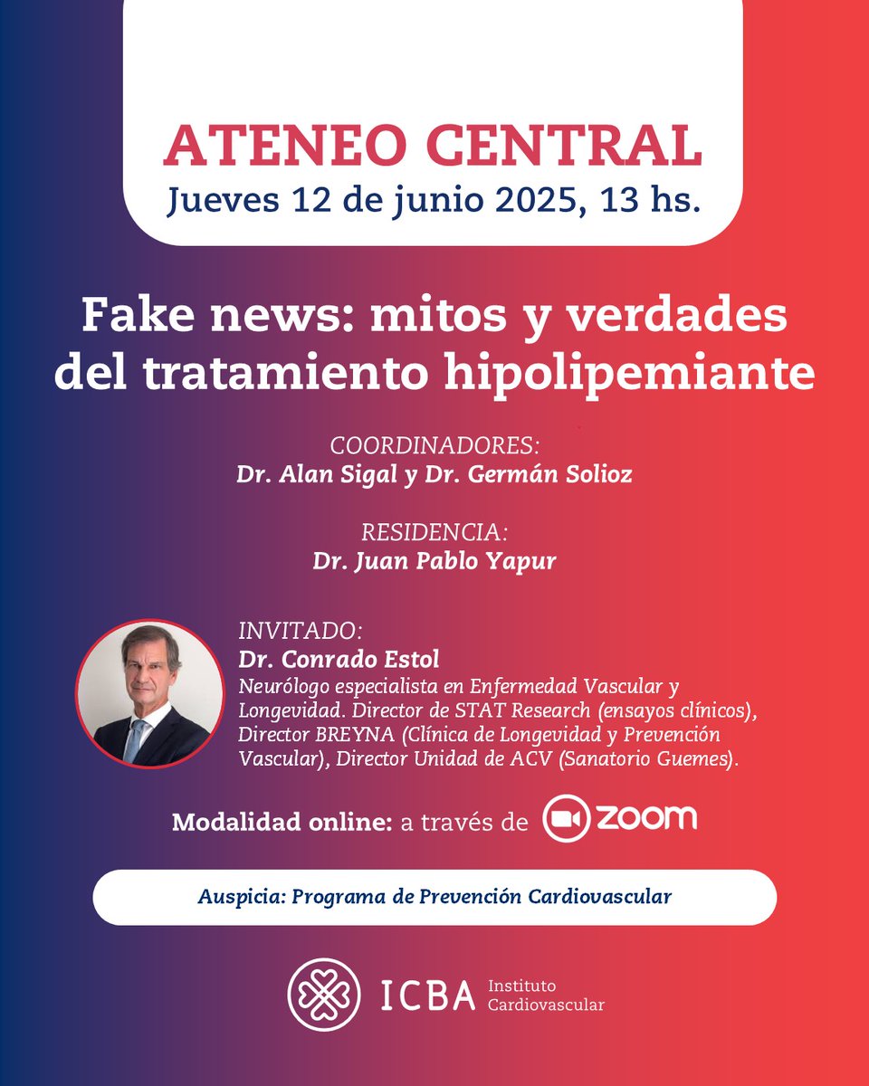 👉🏼 Te invitamos a participar de nuestro Ateneo ICBA Central

💬 ”Fake news: mitos y verdades del tratamiento hipolipemiante”

🫀 Coordinadores: Dres. Alan sigal y Germán Solioz

🩺 Residencia: Dr. Juan Pablo Yapur 

🗓️ Jueves 12 de junio 
🕓 A las 13 hs. 
💻 Vía zoom

📲Más