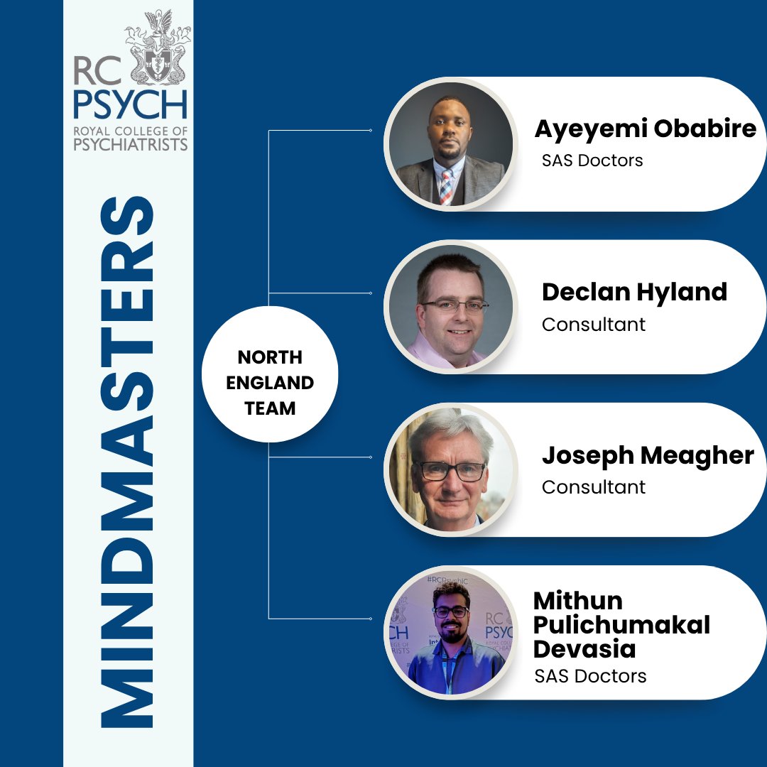 Introducing the North England team for our Mindmasters Quiz 2025, representing both the North West &amp; Northern &amp; Yorkshire Divisions. Join them on Sunday 22 June at 4.30pm for the College quiz of the year! <a href="/HylandDeclan/">Declan Hyland</a> <a href="/MithunDeva65/">Mithun Devasia</a>  @sayitomd <a href="/rcpsychNW/">RCPsych North West</a>
