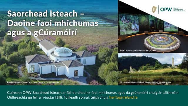 Tá cead isteach saor in aisce á thairiscint againn dóibh siúd atá faoi mhíchumas agus do na cúramóirí atá á dtionlacan ag na suíomhanna go léir dár gcuid a ngearrtar táille chun dul isteach iontu.

🔗heritageireland.pulse.ly/gsiy9bpzex