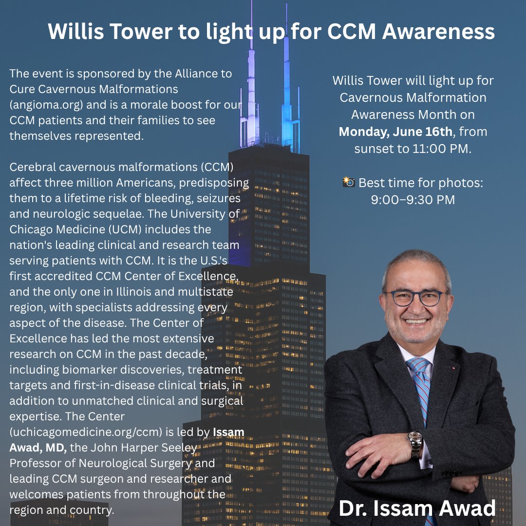 Willis Tower will light up for Cavernous Malformation Awareness Month on Monday, June 16th, from sunset to 11:00 PM. #Willis_tower #Chicago 

📸 Best time for photos: 9:00–9:30 PM