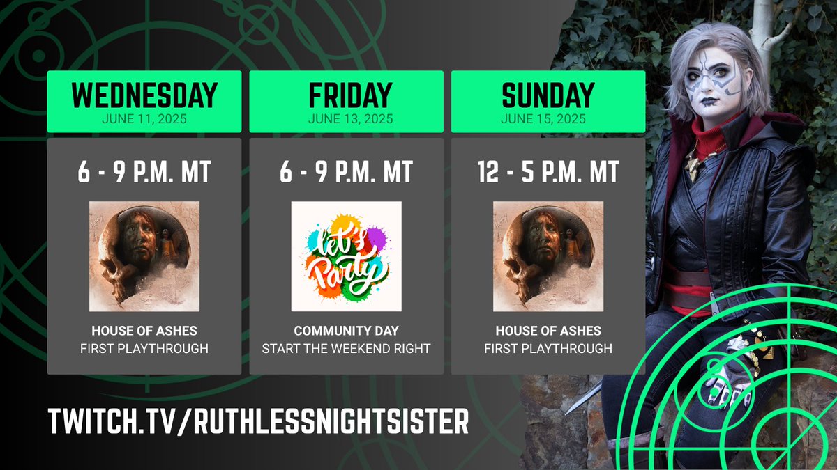 Stream Schedule! 💚🎉
I’ve been wanting to play something spooky so we’re finally jumping into House of Ashes this week! 
I needed something shorter since I can’t stream next weekend.
Plus, I’ve heard good things about this one! 👀😈
Come hang out:
Twitch.tv/RuthlessNights…