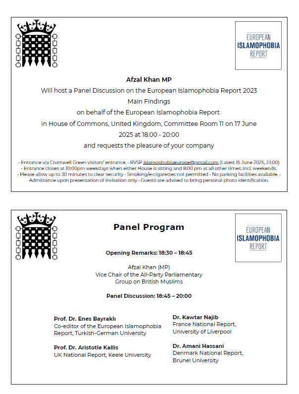 Islamophobia Report (@islamophobiaeir) on Twitter photo Join us for a panel on the main findings of the European Islamophobia Report 2023 at the House of Commons, hosted by Afzal Khan MP (<a href="/AfzalKhanMCR/">Afzal Khan MP</a>).
📢 Speakers:
▫️ <a href="/EnesBayrakli/">Enes Bayrakli</a>
▫️ <a href="/KawtarNajib/">Kawtar Najib</a>
▫️ Aristotle Kallis
▫️ Amani Hassani
📅 For details and registration 🔽 Join us for a panel on the main findings of the European Islamophobia Report 2023 at the House of Commons, hosted by Afzal Khan MP (<a href="/AfzalKhanMCR/">Afzal Khan MP</a>).
📢 Speakers:
▫️ <a href="/EnesBayrakli/">Enes Bayrakli</a>
▫️ <a href="/KawtarNajib/">Kawtar Najib</a>
▫️ Aristotle Kallis
▫️ Amani Hassani
📅 For details and registration 🔽