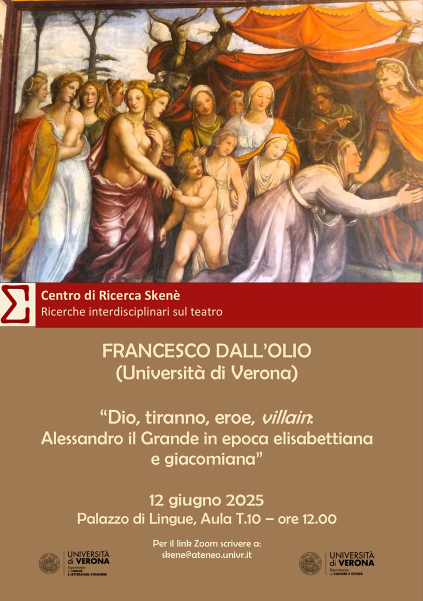 Join us in #Verona or on Zoom tomorrow 12 June for a seminar on #alexanderthegreat by Francesco Dall’Olio

➡️ 12 June 2025, 12:00pm - 🇮🇹 
➡️ Aula T10 (Palazzo di Lingue) and Zoom
➡️ Zoom link: 📧 to skene@ateneo.univr.it