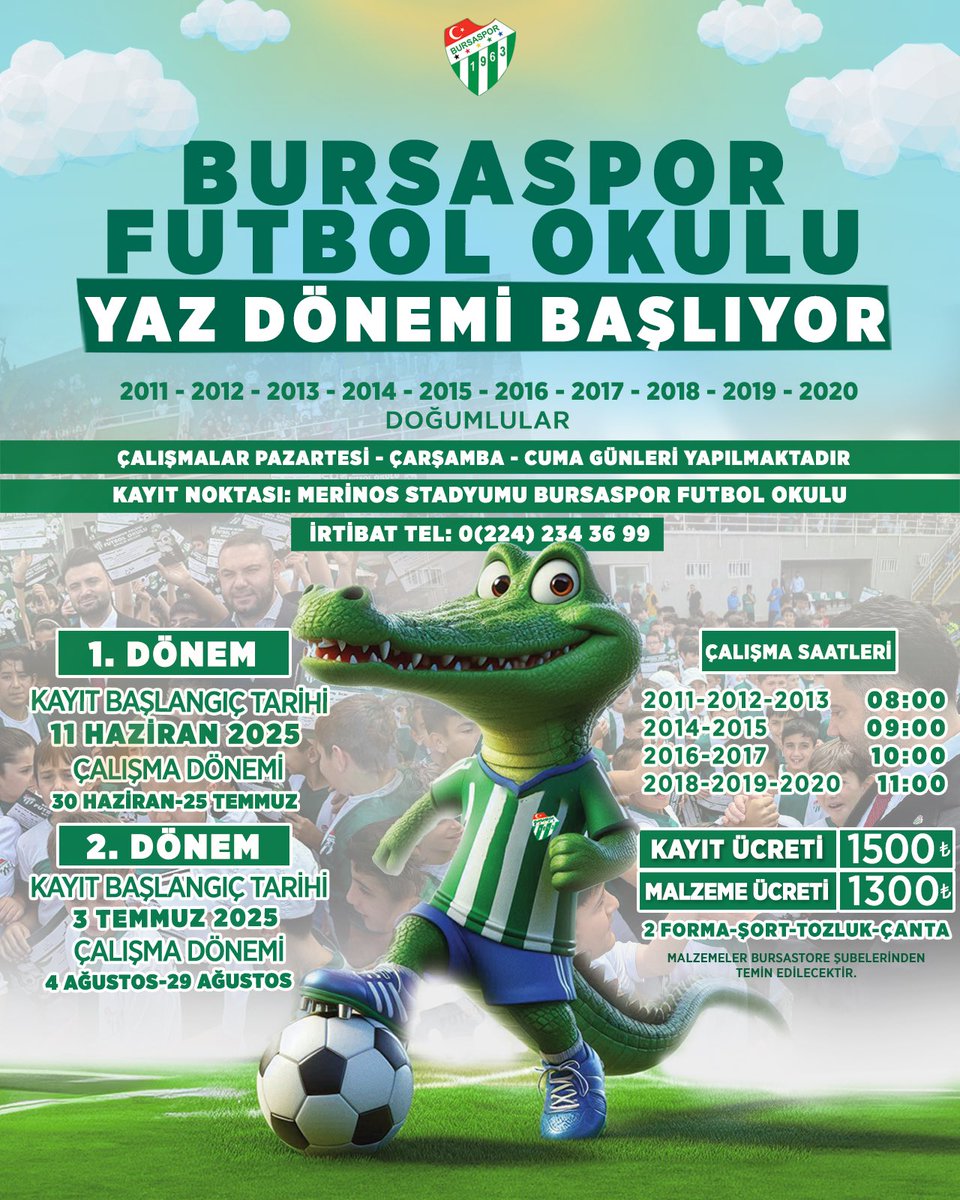 🚨 Kulübümüz yeni yıldızlarını arıyor 🐊

2011-2020 arasında doğan genç yeteneklerimizi Merinos Futbol Okullarımıza bekliyoruz.