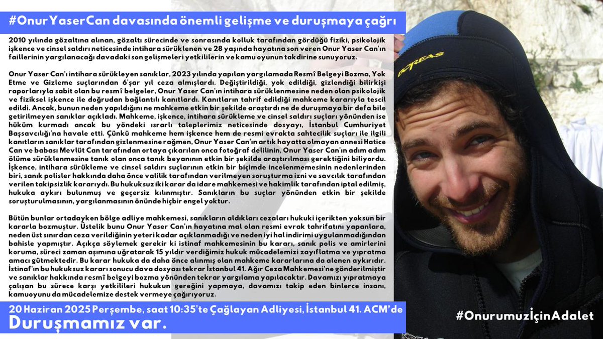 #Onurumuz için 20 Haziran, Çağlayan'da buluşuyoruz. İstinaf mahkemesinin hukuksuz  kararıyla 15 yıllık mücadelemizi yıpratmaya ve davayı zaman aşımına uğratmaya çalışıyorlar. İzin vermeyeceğiz! 
Değerli basın emekçilerini, dostları dayanışmaya çağırıyoruz. #OnurYaserCan'ı unutma!