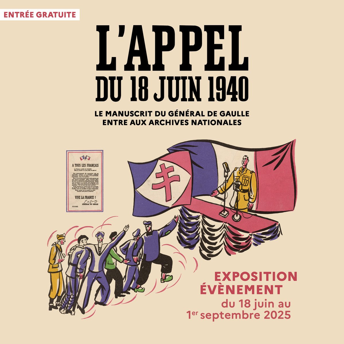 Archives nationales de France (@archivesnatfr) on Twitter photo 📣 Document majeur de l’#histoire de France, le manuscrit de l’Appel du #18juin 1940 entre aux <a href="/ArchivesnatFr/">Archives nationales de France</a>.
Découvrez l'#exposition qui lui est consacrée du 18 juin au 1er septembre 2025.
📍 Hôtel de Soubise
🎫 Entrée libre
Infos 👉tinyurl.com/bdzn44xz 📣 Document majeur de l’#histoire de France, le manuscrit de l’Appel du #18juin 1940 entre aux <a href="/ArchivesnatFr/">Archives nationales de France</a>.
Découvrez l'#exposition qui lui est consacrée du 18 juin au 1er septembre 2025.
📍 Hôtel de Soubise
🎫 Entrée libre
Infos 👉tinyurl.com/bdzn44xz