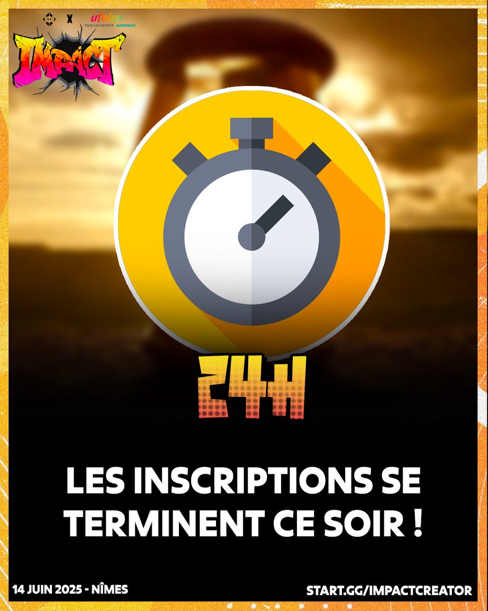CreatorOff_'s tweet image. 🚨🥊ALERTES INSCRIPTIONS🥊🚨

⏰ Tic tac, tic tac... plus que 24h avant la fin des inscriptions pour L’IMPACT !

📥 Inscris-toi ici⏬️