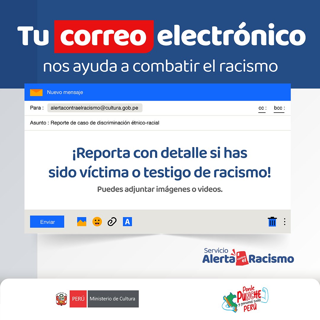 ¡Que tu voz sea escuchada! 📨 Si presencias o eres víctima de un acto de racismo, reporta enviando un correo electrónico a alertacontraelracismo@cultura.gob.pe.

Tu participación es clave para construir un Perú libre de discriminación. ¡Actúa ahora! 💪