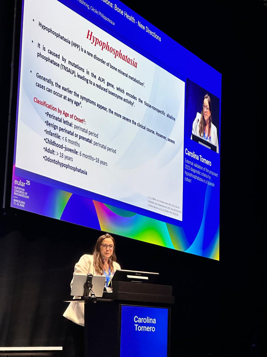 Nuestra Dra. Tornero presentando en el Congreso EULAR su comunicación oral titulada "External Validation of the proposed 2023 diagnostic criteria for hypophosphatasia in a Spanish Cohorte".  ¡Enhorabuena! 👏🏻👏🏻👏🏻