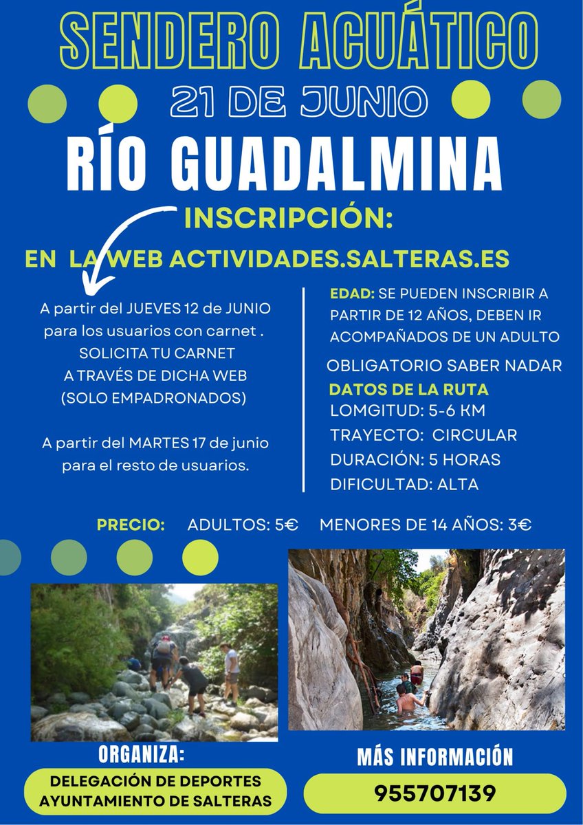 🌊 ¡AVENTÚRATE EN EL SENDERO ACUÁTICO DEL RÍO GUADALMINA! 🌊
📌 Fecha de la actividad: 21 de junio
📝 Inscripción: En la web actividades.salteras.es
💶 Precio: Adultos: 5€   I  Menores de 14 años: 3€
ℹ️ 955707139
#Salteras