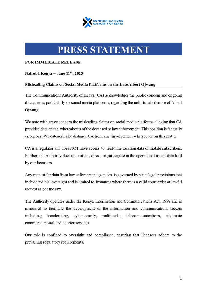 CA_Kenya's tweet photo. Press Statement on Misleading Claims on Social Media Platforms on the Late Albert Ojwang.
@ntvkenya @NationBreaking @StandardKenya @CapitalFMKenya @citizentvkenya @KTNNewsKE @Kenyans @Tuko_co_ke @TheStarBreaking @PeopleDailyKe @KBCChannel1 @MoICTKenya @Mugonyid @Eastleighvoice https://t.co/c1kXLAiFkr